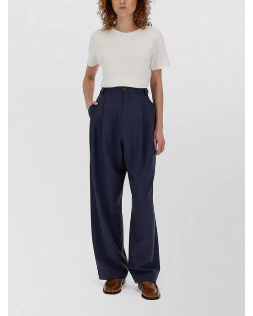 Alysi Blue Canvas Pants Belt Loops Pleated Front