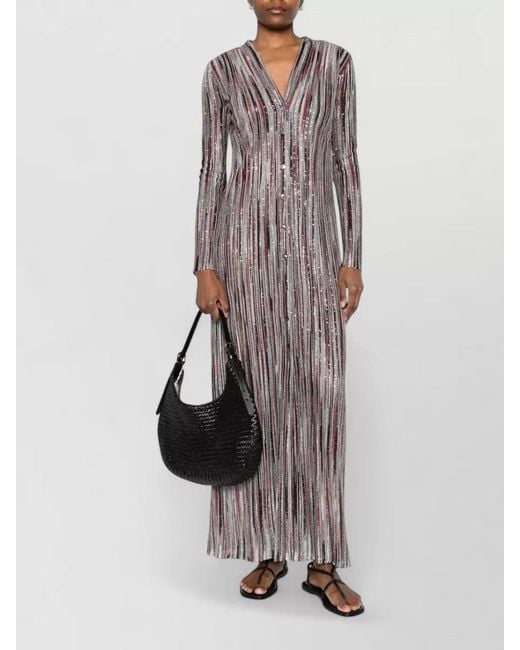 Missoni Gray Striped V-Neck Long-Sleeve Maxi Dress