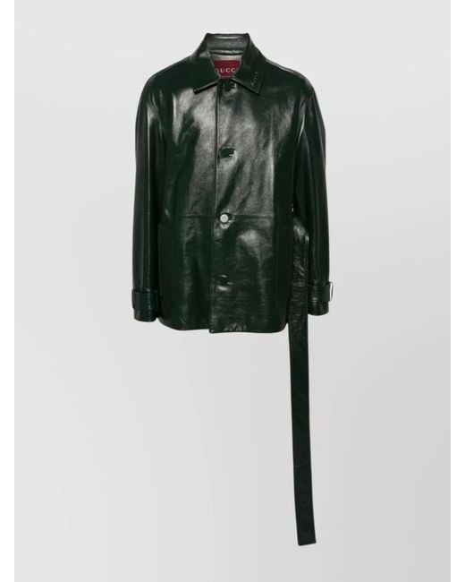 Gucci Men's Green Glossy Leather Trench Coat
