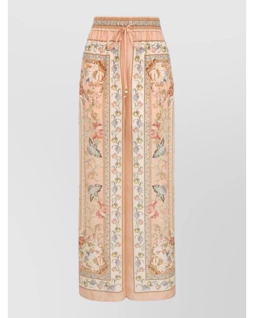 Zimmermann Natural Roselight Silk Wide Leg Floral Trousers