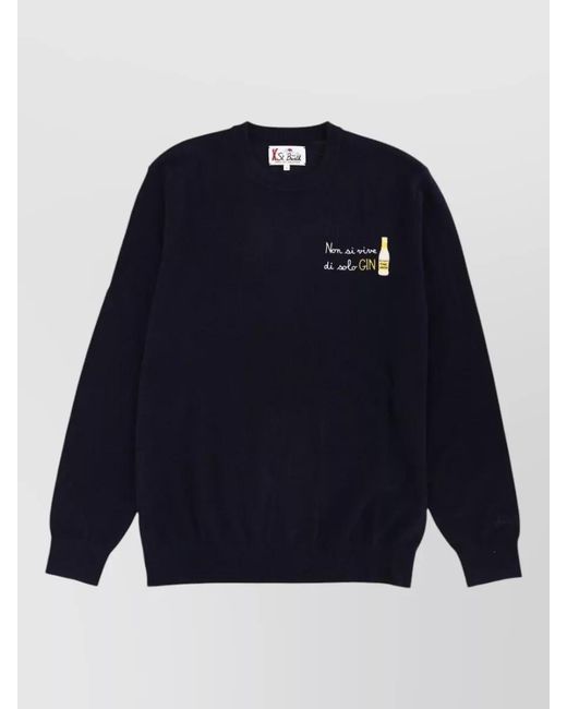 Mc2 Saint Barth Blue Sweater Crew Neck Embroidered Detail Long Sleeves for men