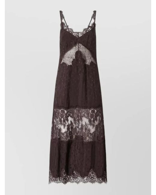 Pinko Brown Knee Length Dress Belt Lace Neckline