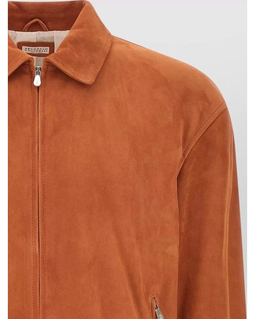 Brunello Cucinelli Orange Leather Elasticated Hem Bomber Jacket for men