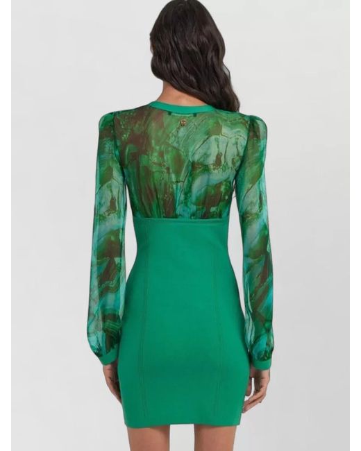 Roberto Cavalli Green Dress Fitted Silhouette Sheer Long Sleeves V Neckline
