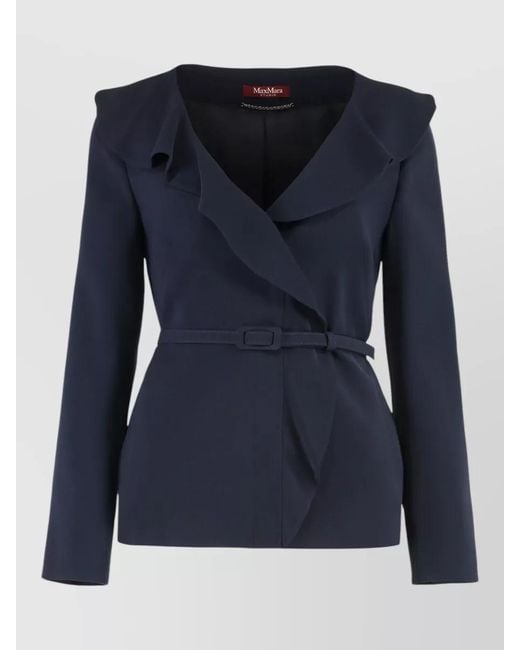Max Mara Blue Galizia Ruffled-Trim Belted Jacket