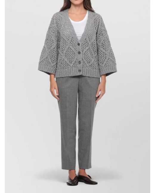 Peserico Gray Wool Perforated V-Neck Long-Sleeve Cardigan
