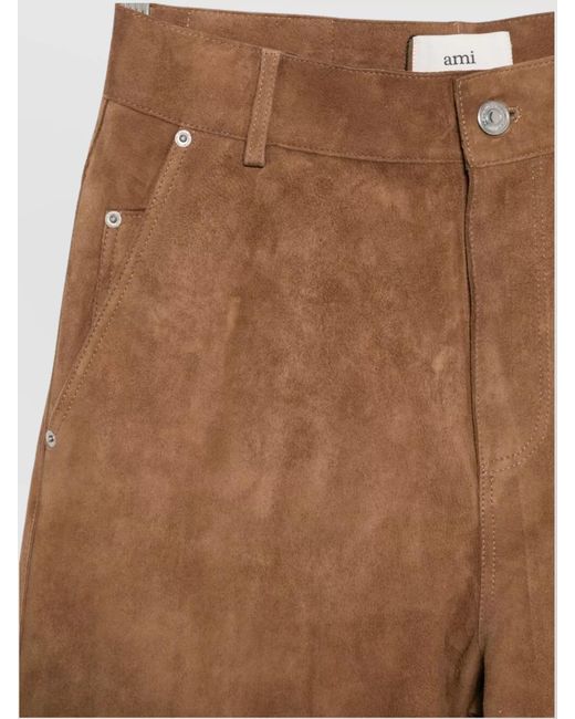 AMI Brown Suede Leather Wide-Leg Trousers