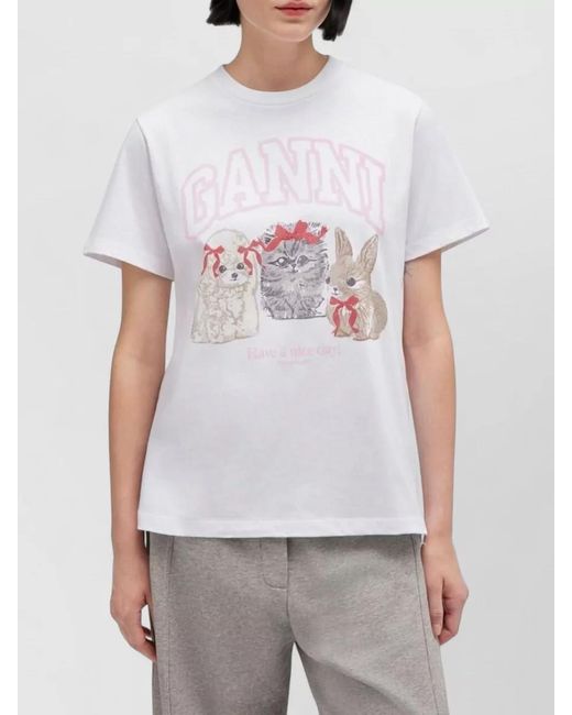 Ganni White Organic Cotton Printed T-Shirt