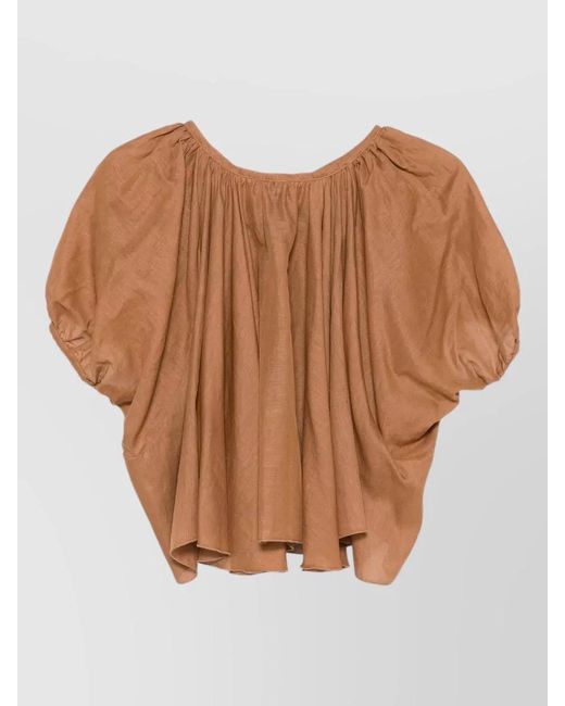 120% Lino Brown Cropped Linen Blouse Puff Sleeves