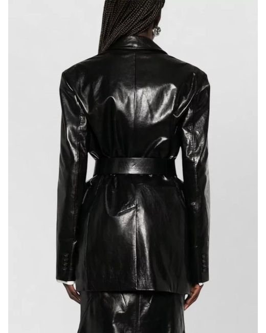 Sportmax Black Leather Jacket Detachable Belt Notched Lapels