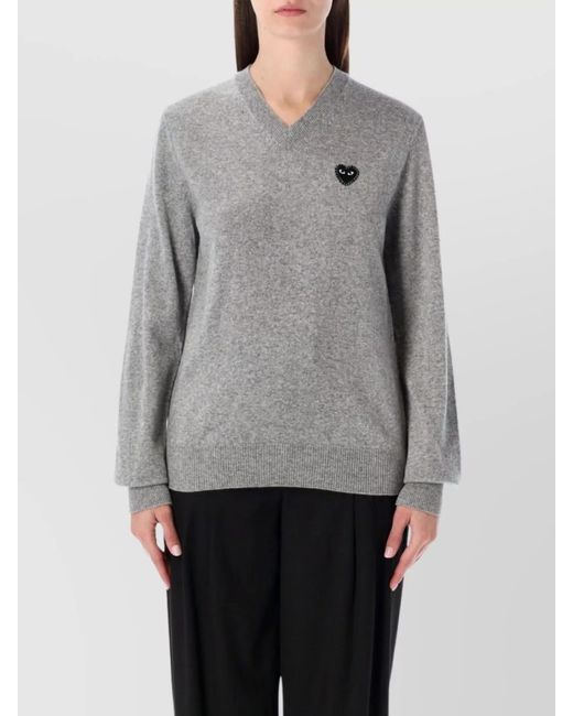 COMME DES GARÇONS PLAY Gray Crystal Embellished Wool V Neck Sweater