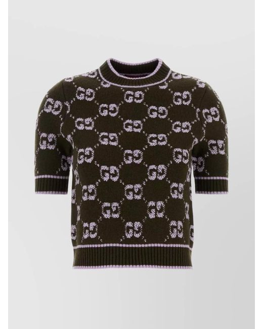 Gucci Black Wool Bouclé Gg Motif Short-Sleeve Knitted Top