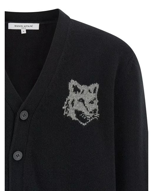 Maison Kitsuné Black Fox Head Cardigan Long Sleeves V Neckline for men