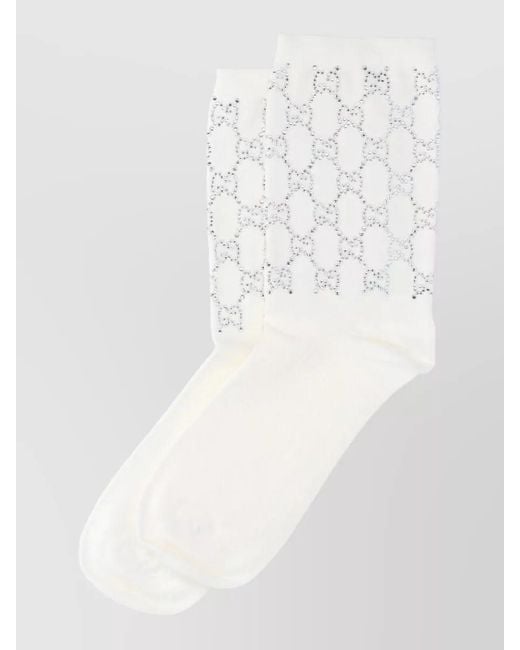 Gucci White Mid Calf Hosiery Rhinestone Embellishments Elasticated Cuffs