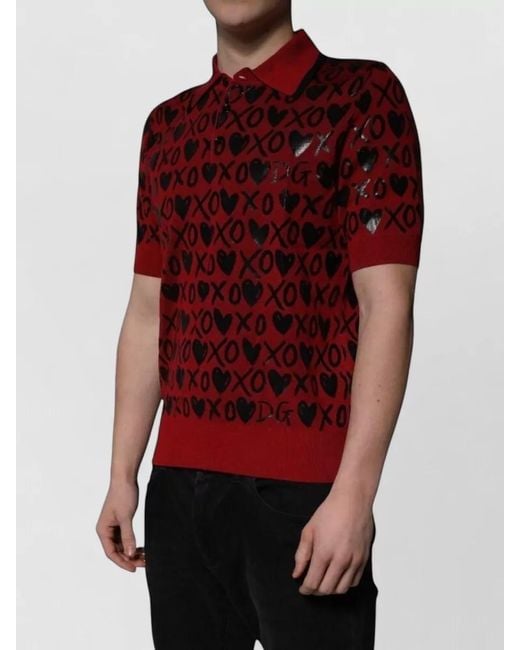 Dolce & Gabbana Red Cotton Polo Shirt Xoxo Pattern Collar for men