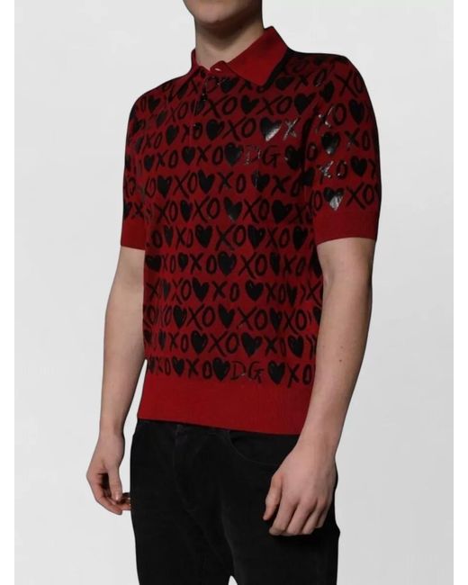 Dolce & Gabbana Red Silk Short-Sleeve Printed Polo Shirt for men