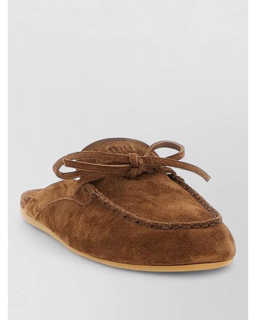 Miu Miu Brown Suede Sabots Rounded Toe Bow Detail