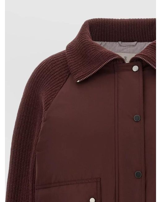Brunello Cucinelli Brown Down Jacket Techno Taffeta Ribbed Knit
