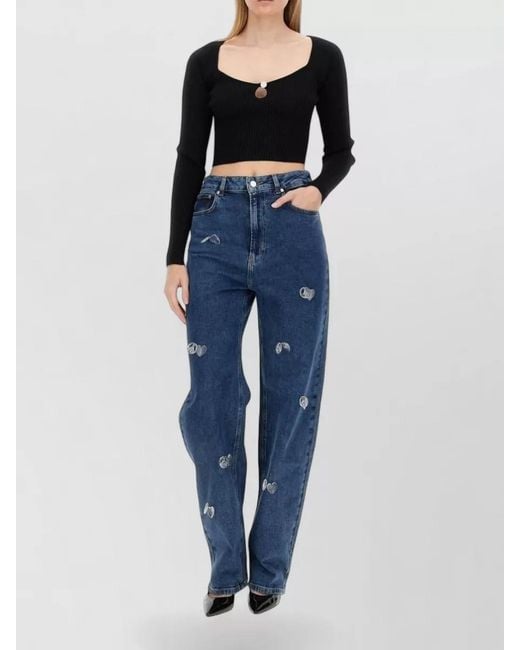 Moschino Black Rib Knit Crop Top Long Sleeves