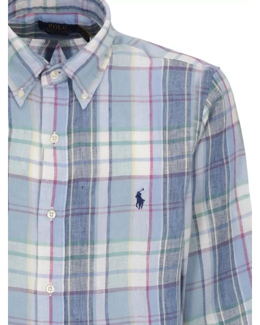 Ralph Lauren Blue Linen Tartan Long Sleeve Button Down Shirt for men