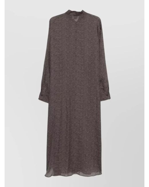Alysi Brown Patterned Long Sleeve Ramie Shirt Dress