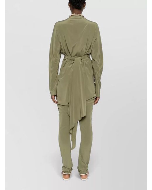 Cortana Green Silk Wrap Jumpsuit Long Sleeves Tie Waist
