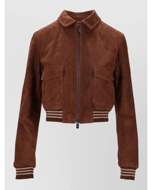 LA ROSE Brown Suede Leather Jacket Collar Pockets Ribbed Trim