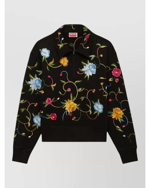 KENZO Black Wildflower Embroidered Floral Half Zip Sweatshirt for men
