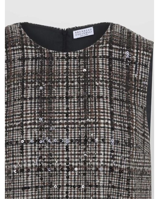 Brunello Cucinelli Gray Sequin Shift Mini Dress Prince Wales Check