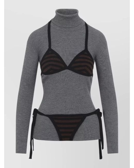 Moschino Gray Virgin Wool Ribbed Turtleneck Knitted Top