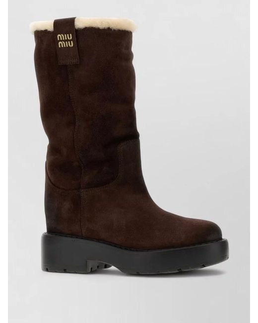 Miu Miu Brown Suede Boots Chunky Sole Pull Tab