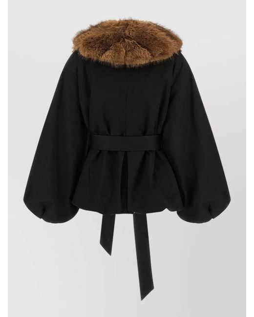 ROTATE BIRGER CHRISTENSEN Black Coat Balloon Sleeves Belted Waist Faux Fur Collar