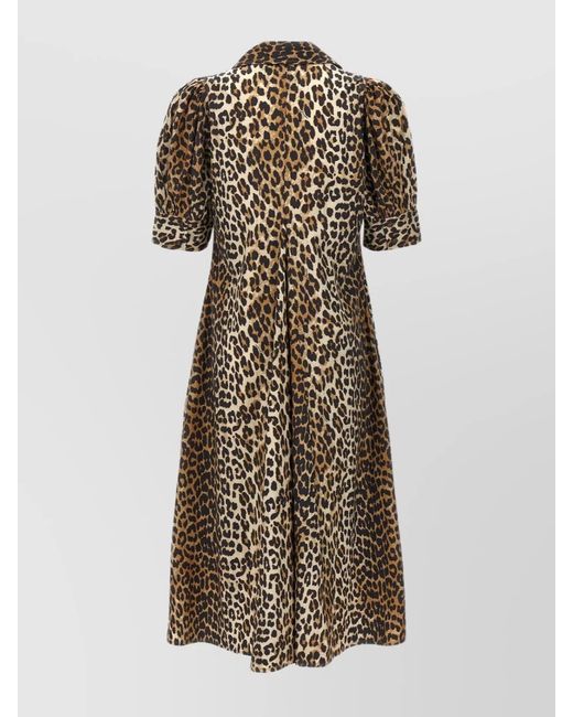 Ganni Natural Leopard Print V-Neck Short-Sleeve Cotton Midi Dress