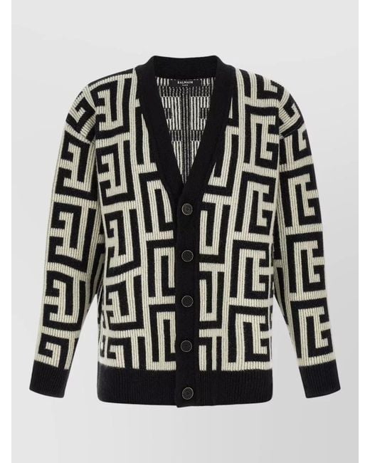 Balmain Black Monogram V Neck Mid Length Cardigan for men