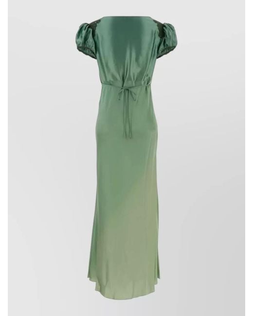 Chloé Green Satin Maxi Dress Puff Sleeves Lace
