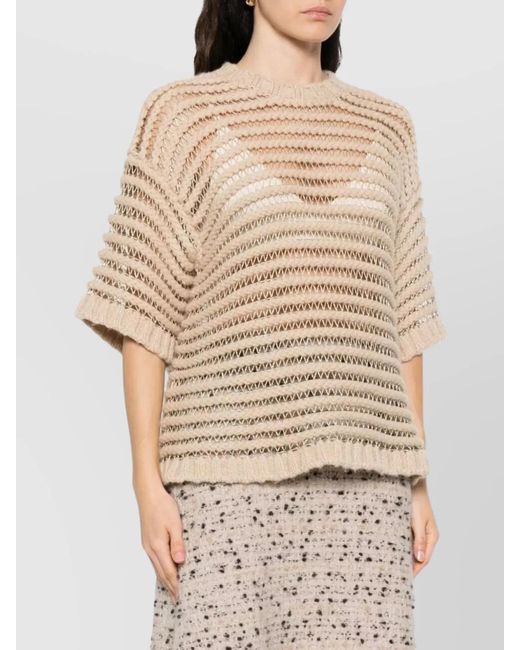 Fabiana Filippi Natural Metallic Open-Knit Short-Sleeve Sweater