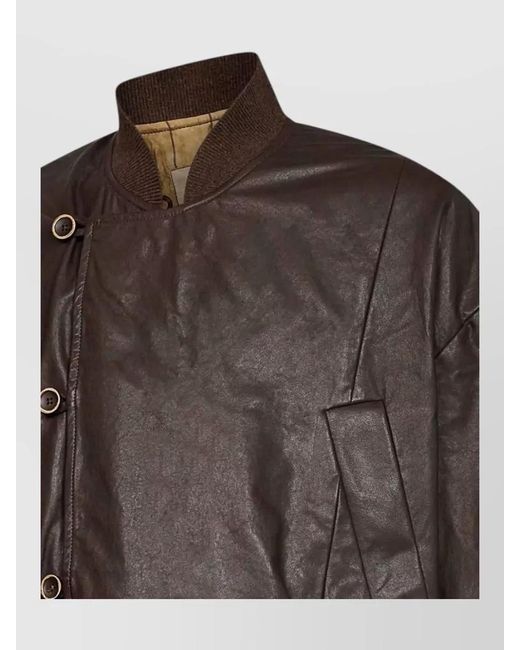 Uma Wang Brown Leather Ribbed-Collar Off-Center Jacket for men