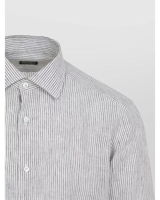 Zegna White Striped Linen Long-Sleeve Shirt for men