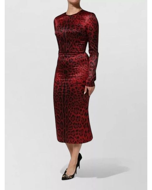 Dolce & Gabbana Red Leopard Print Long Sleeve Midi Dress