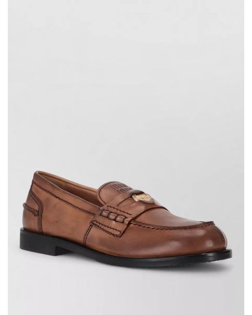 Miu Miu Brown Leather Penny Strap Loafers Round Toe