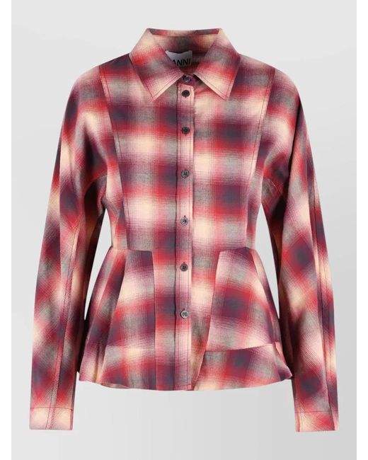 Ganni Red Cotton Flannel Peplum Shirt