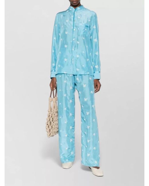 Forte_forte Blue Silk Shirt Floral Embroidery Long Sleeves Pocket