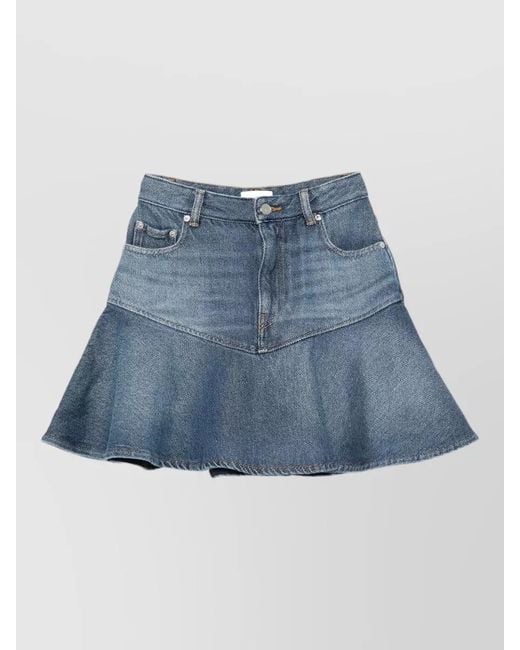Ganni Blue Denim Skirt Flared Hem Multiple Pockets