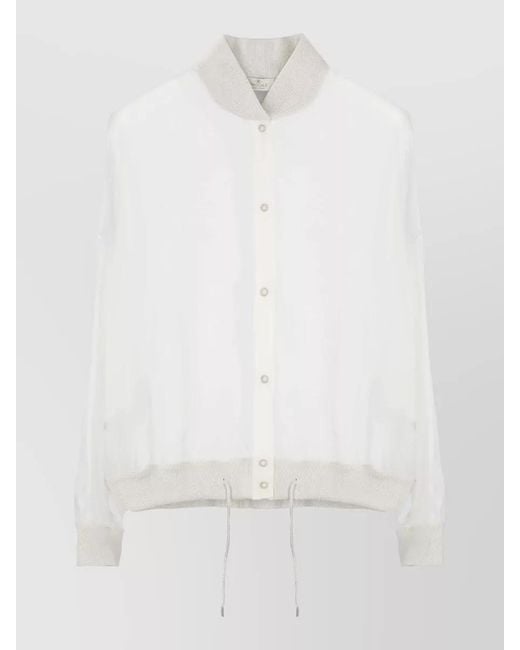 Panicale White Silk Shirt Contrast Collar Sheer Crewneck