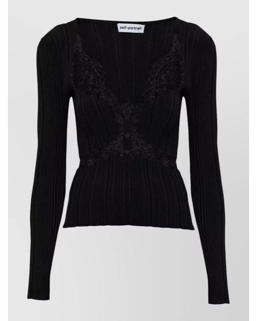 Self-Portrait Black Lace Knit Plunge Long-Sleeve Top