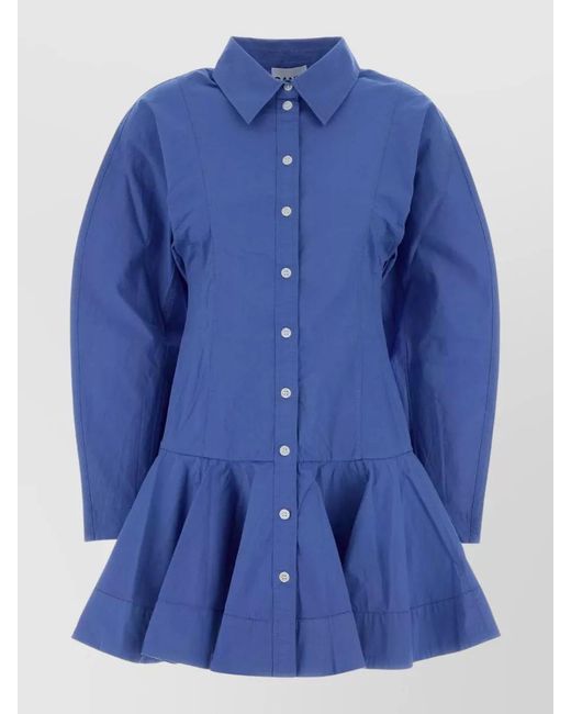 Ganni Blue Stretch Poplin Mini Shirt Dress Flared Hem