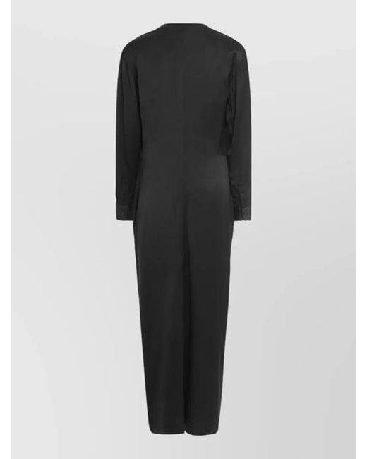 Totême  Black Viscose Dress Draped Long Sleeves V Neckline