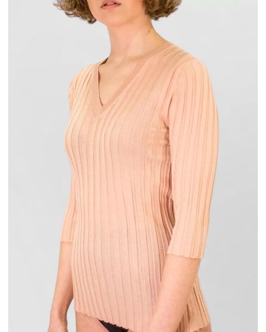LA ROSE Natural V Neck Cashmere Silk Knit Top