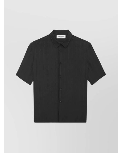 Saint Laurent Black Cassandre Silk Striped Shirt With Collar And Side Slits for men