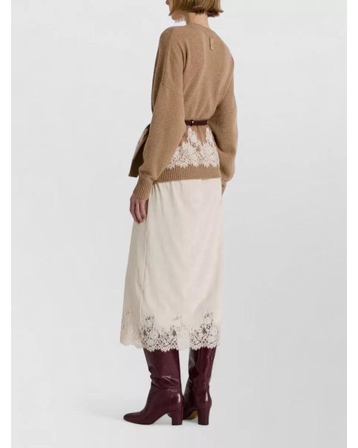 Alberta Ferretti Brown Crew Neck Knit Top Lace Ribbed Edges